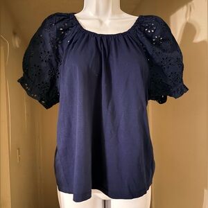 J. Crew Navy Eyelet Puff Sleeve Top - NWT - Size M